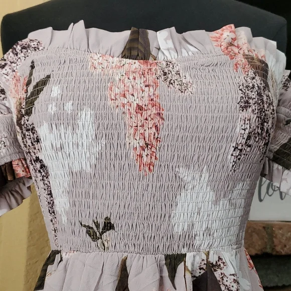 🛑SOLD🛑 🆕️ Lime Lush Taupe Floral Off Shoulder High Low Maxi Dress SIZE: M - Picture 5 of 13